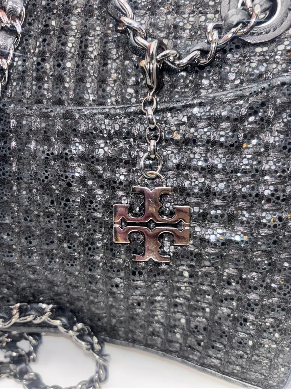 Tory Burch Black Tweed Chain Shoulder Bag with Logo Charm